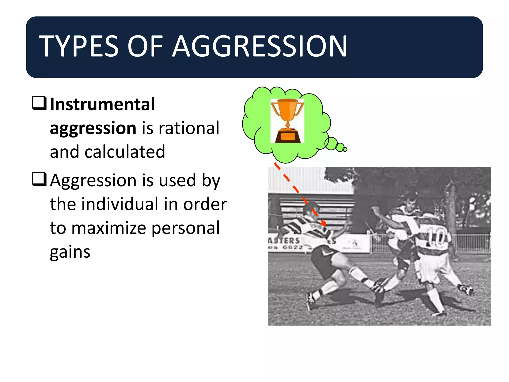 TYPES OF AGGRESSION
Instrumental
aggression is rational
and calculated
Aggression is used by
the individual in order
to maximize personal
gains
 