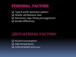 PERSONAL FACTORS





Type A and B behaviour pattern
Hostile attributional bias
Narcissism, ego- threat,and aggression
Gender differences

SITUATIONAL FACTORS Alcohol consumption
 High temperature
 Cultural beliefs and values

 