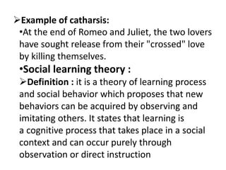 Example of catharsis:
•At the end of Romeo and Juliet, the two lovers
have sought release from their "crossed" love
by killing themselves.
•Social learning theory :
Definition : it is a theory of learning process
and social behavior which proposes that new
behaviors can be acquired by observing and
imitating others. It states that learning is
a cognitive process that takes place in a social
context and can occur purely through
observation or direct instruction
 