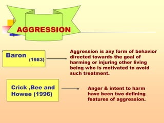 +
.
AGGRESSION
Baron
Aggression is any form of behavior
directed towards the goal of
harming or injuring other living
being who is motivated to avoid
such treatment.
Crick ,Bee and
Howee (1996)
Anger & intent to harm
have been two defining
features of aggression.
(1983)
 