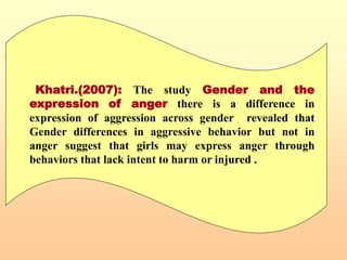 .
 .Khatri.(2007): The study Gender and the
expression of anger there is a difference in
expression of aggression across gender revealed that
Gender differences in aggressive behavior but not in
anger suggest that girls may express anger through
behaviors that lack intent to harm or injured .
 
