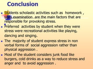  .
Conclusion
. Students scholastic activities such as homework ,
tests examination are the main factors that are
responsible for provoking stress.
 Preferred activities by student when they were
stress were recreational activities like playing,
dancing and singing.
 The majority of student express stress in non
verbal forms of social aggression rather than
physical aggression .
 Most of the student considers junk food like
burgers, cold drinks as a way to reduce stress and
anger and to avoid aggression .
 