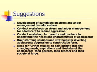 Suggestions
 Development of pamphlets on stress and anger
management to reduce stress
 Conduct workshops on stress and anger management
for adolescent to reduce aggression
 Conduct workshop for parents and teachers to
understand the needs and characteristics of adolescents
 Brainstorming sessions and strategies for diverting
adolescents aggression to constructive form.
 Need for further studies to gain insight into the
changing needs, aspirations and lifestyles of the
adolescents their parents, their teacher and their
society at large.
 