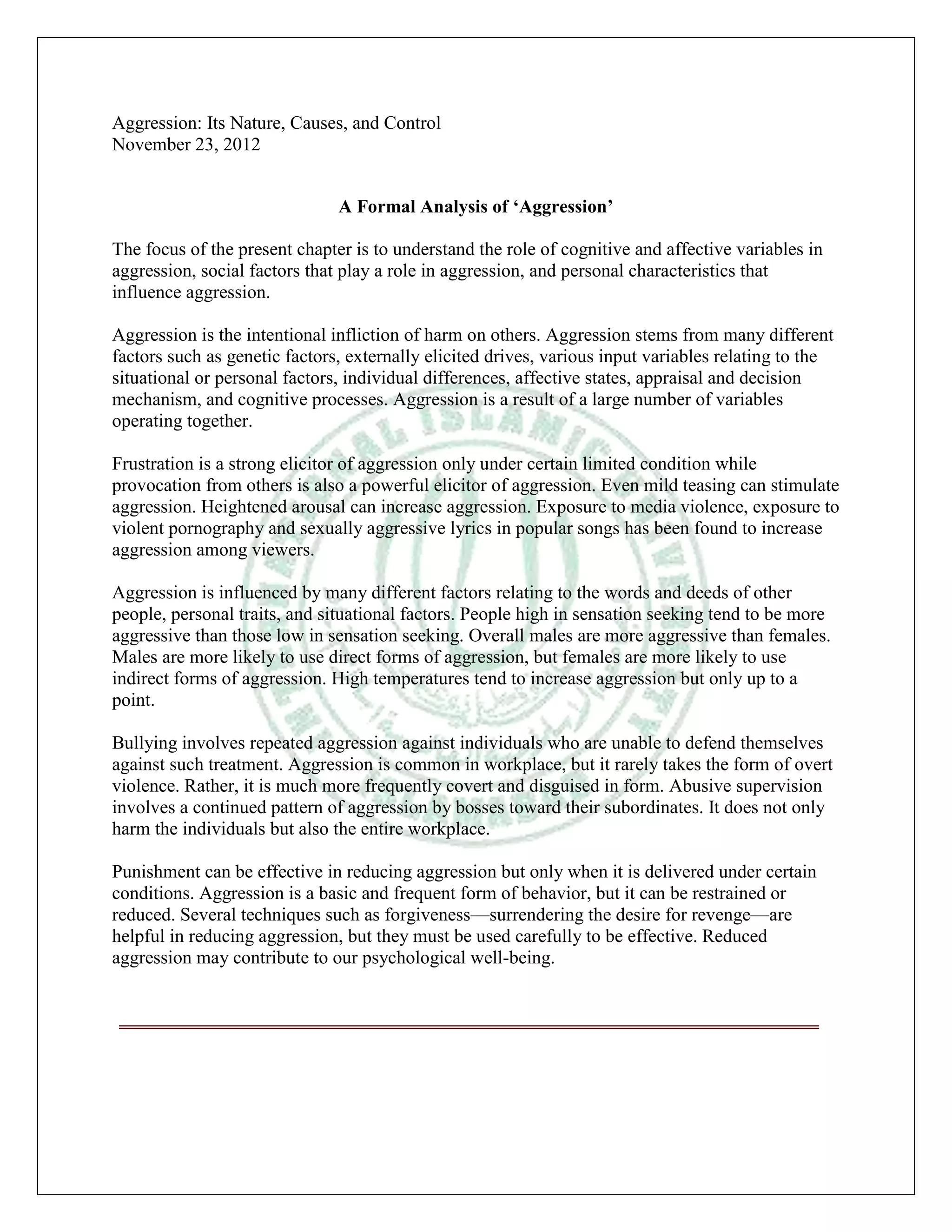 Aggression its nature, causes, and control - Analysis | DOCX