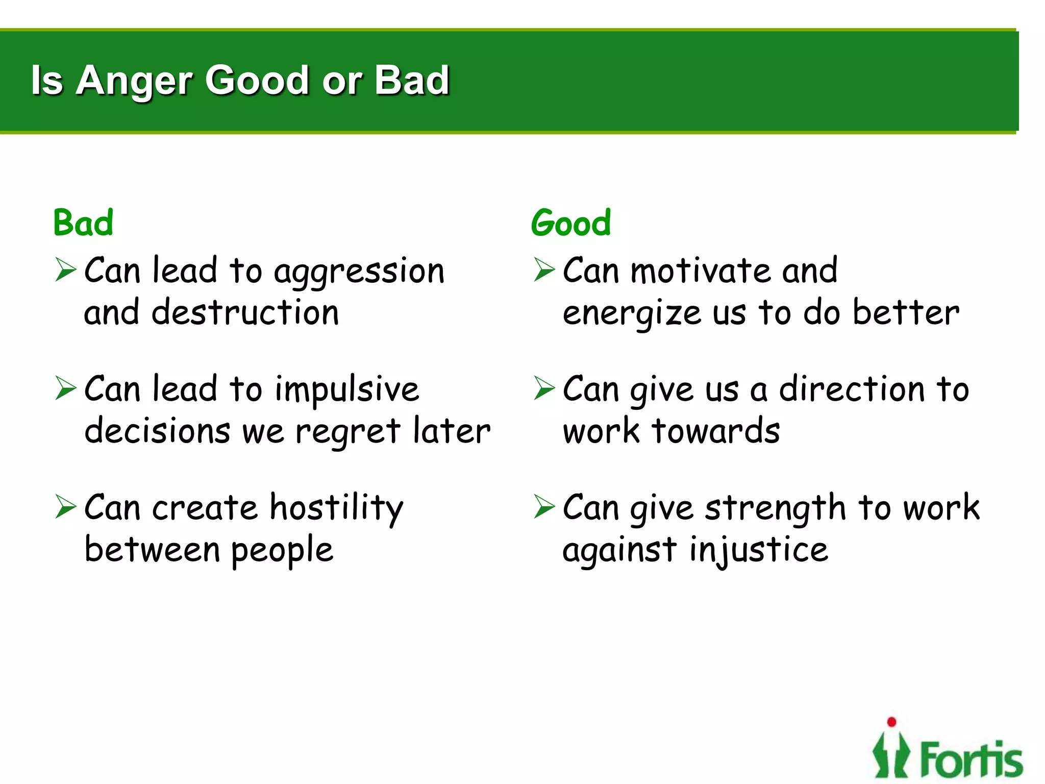 Is Anger Good or Bad
Bad Good
Can motivate and
energize us to do better
Can give us a direction to
work towards
Can give strength to work
against injustice
Can lead to aggression
and destruction
Can lead to impulsive
decisions we regret later
Can create hostility
between people
 