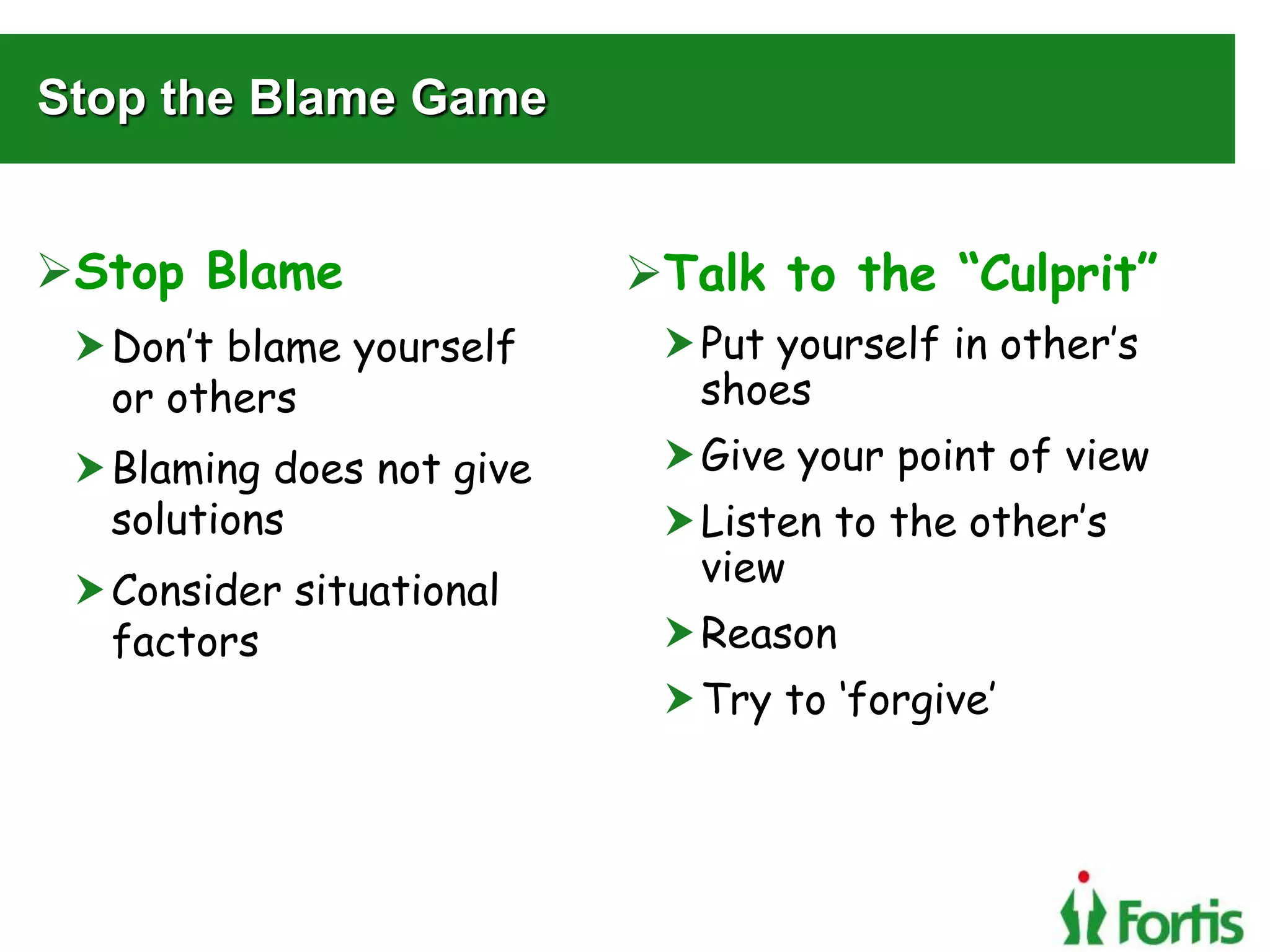 Stop the Blame Game
Stop Blame
Don’t blame yourself
or others
Blaming does not give
solutions
Consider situational
factors
Talk to the “Culprit”
Put yourself in other’s
shoes
Give your point of view
Listen to the other’s
view
Reason
Try to ‘forgive’
 