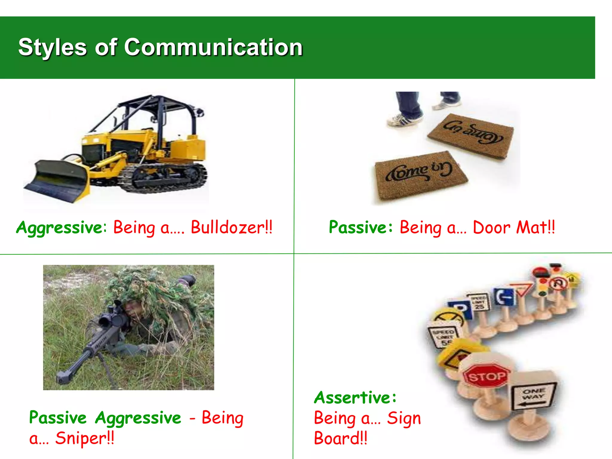 Styles of Communication
Aggressive: Being a…. Bulldozer!! Passive: Being a… Door Mat!!
Passive Aggressive - Being
a… Sniper!!
Assertive:
Being a… Sign
Board!!
 