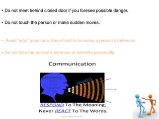 • Do not meet behind closed door if you foresee possible danger.
• Do not touch the person or make sudden moves.
• Avoid “why” questions; these tend to increase a person’s defenses.
• Do not take the person’s behavior or remarks personally.
 
