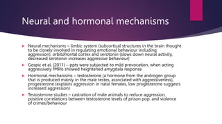 Neural and hormonal mechanisms
 Neural mechanisms – limbic system (subcortical structures in the brain thought
to be closely involved in regulating emotional behaviour including
aggression), orbitofrontal cortex and serotonin (slows down neural activity,
decreased serotonin increases aggressive behaviour)
 Gospic et al. (2011) – ppts were subjected to mild provocation, when acting
aggressively fMRIs showed heightened amygdala response
 Hormonal mechanisms – testosterone (a hormone from the androgen group
that is produced mainly in the male testes, associated with aggressiveness),
progesterone (explains aggression in natal females, low progesterone suggests
increased aggression)
 Testosterone studies – castration of male animals to reduce aggression,
positive correlations between testosterone levels of prison pop. and violence
of crimes/behaviour
 