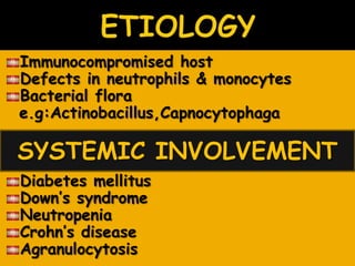 Immunocompromised host
Defects in neutrophils & monocytes
Bacterial flora
e.g:Actinobacillus,Capnocytophaga
Diabetes mellitus
Down’s syndrome
Neutropenia
Crohn’s disease
Agranulocytosis
SYSTEMIC INVOLVEMENT
 