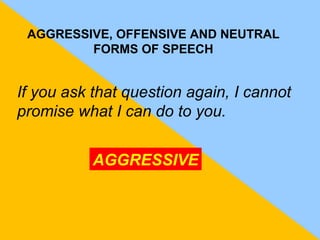 AGGRESSIVE, OFFENSIVE AND NEUTRAL
         FORMS OF SPEECH


If you ask that question again, I cannot
promise what I can do to you.


           AGGRESSIVE
 