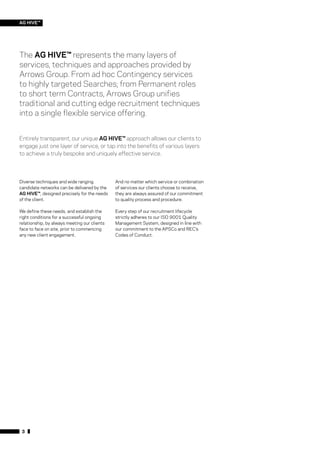 AG HIVE™




The AG HIVE™ represents the many layers of
services, techniques and approaches provided by
Arrows Group. From ad hoc Contingency services
to highly targeted Searches; from Permanent roles
to short term Contracts, Arrows Group unifies
traditional and cutting edge recruitment techniques
into a single flexible service offering.


Entirely transparent, our unique AG HIVE™ approach allows our clients to
engage just one layer of service, or tap into the benefits of various layers
to achieve a truly bespoke and uniquely effective service.




Diverse techniques and wide ranging           And no matter which service or combination
candidate networks can be delivered by the    of services our clients choose to receive,
AG HIVE™, designed precisely for the needs    they are always assured of our commitment
of the client.                                to quality process and procedure.

We define these needs, and establish the      Every step of our recruitment lifecycle
right conditions for a successful ongoing     strictly adheres to our ISO 9001 Quality
relationship, by always meeting our clients   Management System, designed in line with
face to face on site, prior to commencing     our commitment to the APSCo and REC’s
any new client engagement.                    Codes of Conduct.




 3
 