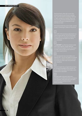 WHY ARROWS GROUP ?




                     Potential clients often ask us why they
                     should choose Arrows Group to oversee
                     their vital recruitment processes. Working
                     in highly competitive markets, they know
                     that sourcing the best possible staff with
                     maximum efficiency is essential to their
                     business success.

                     And we know that they want a brief, concise
                     answer. So we’ve got it down to five points:




                     Over 60% of Arrows Group placements are
                     made though referral. This not only shows
                     the strength of our networks, but also the
                     confidence that we instill in our clients
                     and candidates.



                     The AG HIVE™ is a fluid recruitment model
                     that brings together usually separate
                     recruitment processes. For you, this means
                     we offer a service that can be tailored to
                     your exact requirements.



                     Our international resources enable us to
                     operate 24/7. So you can speak to someone
                     whenever you need to; and we can achieve
                     the results you need, even with extremely
                     tight deadlines.



                     Our strict sector focus means that we have
                     an intimate knowledge of the markets we
                     work in. We’re not a jack of all trades; we’re
                     master of our core areas.



                     We take quality seriously, both when
                     working for our clients and when running our
                     own business. That’s why we’re ISO 9001
                     accredited and members of both
                     APSCo and REC.




7
 