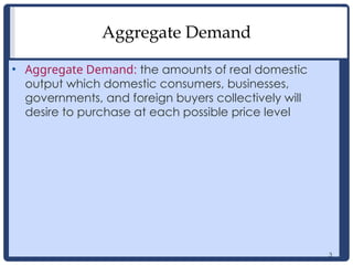 3
Aggregate Demand
• Aggregate Demand: the amounts of real domestic
output which domestic consumers, businesses,
governments, and foreign buyers collectively will
desire to purchase at each possible price level
3
 
