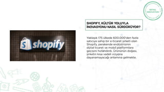 Yaklaşık 175 ülkede 600.000'den fazla
satıcıya sahip bir e-ticaret şirketi olan
Shopify, perakende endüstrisinin
dijital ticaret ve mobil platformlara
geçişini hızlandırdı. Ürününün doğası,
şirketin kısa vadeli vizyona
dayanamayacağı anlamına gelmekte.
Shopify, Kültür Yoluyla
İnovasyonu Nasıl Sürdürüyor?
 