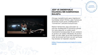 Chicago merkezli butik ajans Highdive’ın
hazırladığı reklam filmleri, Jeep markasıyla
Amerikalı müzik grubu OneRepublic’in
“Connection” parçasını buluşturuyor.
Reklam filmlerinde Jeep sürücüleri ve
yolcular OneRepublic’in konserine gitmek
için yola çıkıyorlar ve yolda çeşitli
maceralarla karşılaşıyorlar. İki ayrı arabanın
ve grubun yer aldığı videolarda, ilk grubun
bileti var iken diğer grup bilet bulamayınca
onlar da konsere girmiyor ve içeri girmeyip
hep beraber bir tepeden izliyorlar.
https://www.youtube.com/watch?v=hy9e
hjIlrCE
JEEP VE ONEREPUBLIC
EĞLENCELİ BİR KAMPANYADA
BULUŞTU.
 