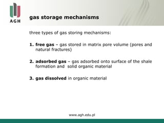 gas storage mechanisms 
three types of gas storing mechanisms: 
1. free gas – gas stored in matrix pore volume (pores and 
natural fractures) 
2. adsorbed gas – gas adsorbed onto surface of the shale 
formation and solid organic material 
3. gas dissolved in organic material 
www.agh.edu.pl 
 