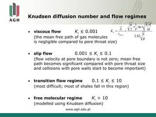 Knudsen diffusion number and flow regimes 
• viscous flow Kn ≤ 0.001 
(the mean free path of gas molecules 
is negligible compared to pore throat size) 
• slip flow 0.001 ≤ Kn ≤ 0.1 
p m l 
´ ´ ´ ´ 
(flow velocity at pore boundary is not zero; mean free 
path becomes significant compared with pore throat size 
and collisions with pore walls start to become important) 
• transition flow regime 0.1 ≤ Kn ≤ 10 
(most difficult; most of shales fall in this region) 
• free molecular regime Kn > 10 
(modelled using Knudsen diffusion) 
www.agh.edu.pl 
1 
2 
2.82 
n 
pore 
R T 
K P M 
r k 
f 
= = 
 