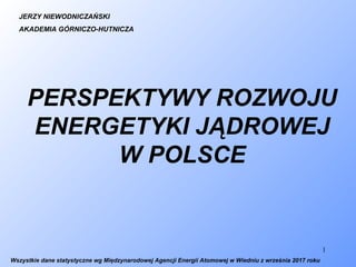 PERSPEKTYWY ROZWOJU
ENERGETYKI JĄDROWEJ
W POLSCE
1
Wszystkie dane statystyczne wg Międzynarodowej Agencji Energii Atomowej w Wiedniu z września 2017 roku
JERZY NIEWODNICZAŃSKI
AKADEMIA GÓRNICZO-HUTNICZA
 