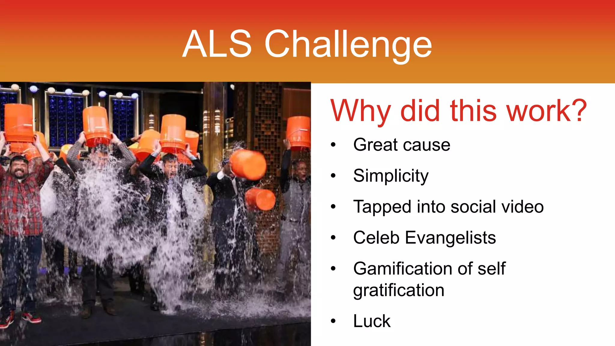 ALS Challenge 
Why did this work? 
• Great cause 
• Simplicity 
• Tapped into social video 
• Celeb Evangelists 
• Gamification of self 
gratification 
• Luck 
 