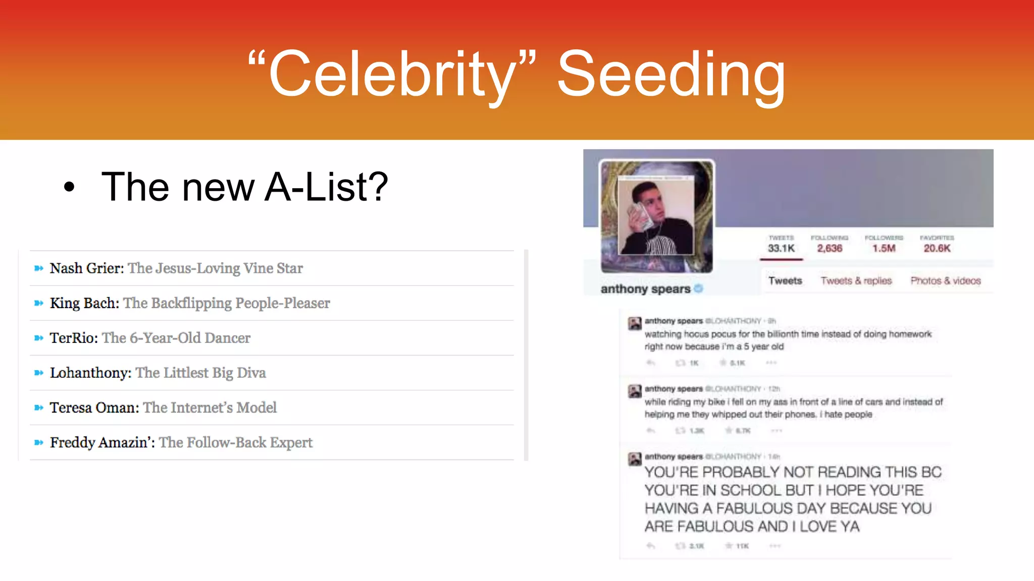 “Celebrity” Seeding 
• The new A-List? 
 