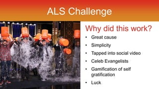 ALS Challenge 
Why did this work? 
• Great cause 
• Simplicity 
• Tapped into social video 
• Celeb Evangelists 
• Gamific...