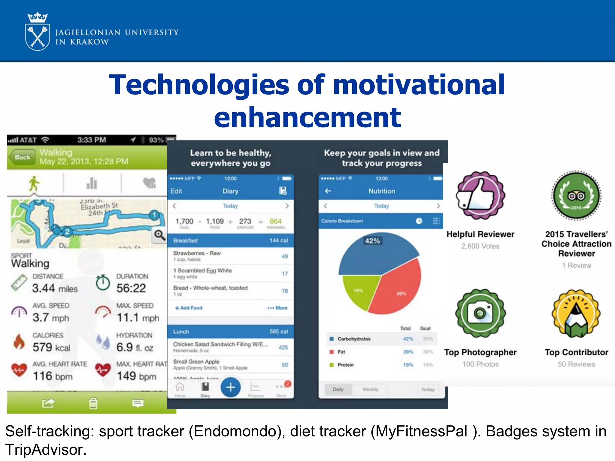 Technologies of motivational
enhancement
Self-tracking: sport tracker (Endomondo), diet tracker (MyFitnessPal ). Badges system in
TripAdvisor.
 