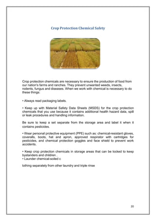 20
Crop Protection Chemical Safety
Crop protection chemicals are necessary to ensure the production of food from
our nation's farms and ranches. They prevent unwanted weeds, insects,
rodents, fungus and diseases. When we work with chemical is necessary to do
these things:
• Always read packaging labels.
• Keep up with Material Safety Data Sheets (MSDS) for the crop protection
chemicals that you use because it contains additional health hazard data, spill
or leak procedures and handling information.
Be sure to keep a set separate from the storage area and label it when it
contains pesticides.
• Wear personal protective equipment (PPE) such as: chemical-resistant gloves,
coveralls, boots, hat and apron, approved respirator with cartridges for
pesticides, and chemical protection goggles and face shield to prevent work
accidents.
• Keep crop protection chemicals in storage areas that can be locked to keep
bystanders and children .
• Launder chemical-soiled c
lothing separately from other laundry and triple rinse
 