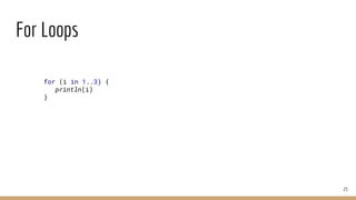 For Loops
23
for (i in 1..3) {
println(i)
}
 