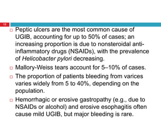 13 
 Peptic ulcers are the most common cause of 
UGIB, accounting for up to 50% of cases; an 
increasing proportion is due to nonsteroidal anti-inflammatory 
drugs (NSAIDs), with the prevalence 
of Helicobacter pylori decreasing. 
 Mallory-Weiss tears account for 5–10% of cases. 
 The proportion of patients bleeding from varices 
varies widely from 5 to 40%, depending on the 
population. 
 Hemorrhagic or erosive gastropathy (e.g., due to 
NSAIDs or alcohol) and erosive esophagitis often 
cause mild UGIB, but major bleeding is rare. 
 