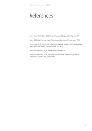 Allianz International Pension Papers 1/2013
10
Allianz Global Wealth Report 2012, Economic Research & Corporate Development, 2012
Allianz (2012), Slight increase in gross financial assets, International Pension Issues 1/2012
Banca d’Italia (2012); Supplements to the Statistical Bulletin, Monetary and Financial Indicators,
Financial Accounts, Volume XXII – 6 November 2012 No. 57
Deutsche Bundesbank (2012a), Monthly Report, December 2012.
Deutsche Bundesbank (2012b), Acquisition of financial assets and financing in Germany
in the second quarter of 2012, October 2012.
References
 