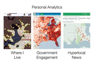 Personal Analytics




Where I     Government         Hyperlocal
 Live       Engagement           News
 