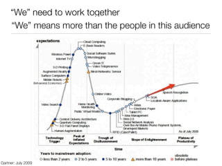 “We” need to work together
     “We” means more than the people in this audience




Gartner: July 2009
 