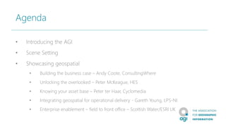Agenda
• Introducing the AGI
• Scene Setting
• Showcasing geospatial
• Building the business case – Andy Coote, ConsultingWhere
• Unlocking the overlooked – Peter McKeague, HES
• Knowing your asset base – Peter ter Haar, Cyclomedia
• Integrating geospatial for operational delivery - Gareth Young, LPS-NI
• Enterprise enablement – field to front office – Scottish Water/ESRI UK
 