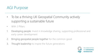 AGI Purpose
• To be a thriving UK Geospatial Community actively
supporting a sustainable future
• With 3 Pillars:
1. Developing people: Invest in knowledge sharing, supporting professional and
early career development
2. Bringing geospatial people together for the common good
3. Thought leadership to inspire the future generations
 