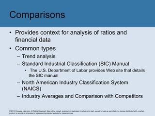 © 2013 Cengage Learning. All Rights Reserved. May not be copied, scanned, or duplicated, in whole or in part, except for use as permitted in a license distributed with a certain
product or service or otherwise on a password-protected website for classroom use.
• Provides context for analysis of ratios and
financial data
• Common types
– Trend analysis
– Standard Industrial Classification (SIC) Manual
• The U.S. Department of Labor provides Web site that details
the SIC manual
– North American Industry Classification System
(NAICS)
– Industry Averages and Comparison with Competitors
Comparisons
 