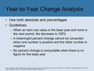 © 2013 Cengage Learning. All Rights Reserved. May not be copied, scanned, or duplicated, in whole or in part, except for use as permitted in a license distributed with a certain
product or service or otherwise on a password-protected website for classroom use.
• Use both absolute and percentages
• Guidelines
– When an item has value in the base year and none in
the next period, the decrease is 100%
– A meaningful percent change cannot be computed
when one number is positive and the other number is
negative
– No percent change is computable when there is no
figure for the base year
Year-to-Year Change Analysis
 