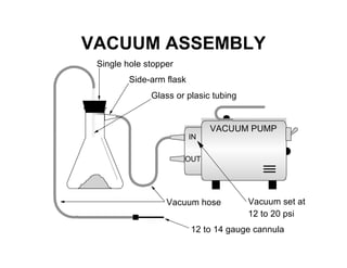 VACUUM ASSEMBLY
 Single hole stopper
         Side-arm flask
              Glass or plasic tubing


                               VACUUM PUMP
                          IN

                       OUT




                  Vacuum hose          Vacuum set at
                                       12 to 20 psi
                          12 to 14 gauge cannula
 