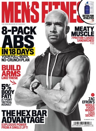 MEATY
MUSCLE7PROTEIN-LOADED
SANDWICHES!
P.52
ZAC
EFRON’S
WHOLE-
FOODS
WEIGHT
LOSS
SECRET
ADVANTAGEEXPLOSIVEPOWER
FROMASINGLELIFT!
DETOXFOR
ATHLETES
P.36
8-PACK
ABSIN18DAYSYOURFULL-BODY,
NO-CRUNCHPLAN
BUILD
ARMS
BODY
FAT!A7-POINT
TACTICAL
ASSAULT
 