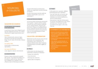 SOURCING
et COLLECTE
O R G A N I S E R S A V E I L L E S U R I N T E R N E T | 0 1 . 2 0 1 5 |
QUALIFIER SES SOURCES
LA PERTINENCE DES SOURCES
D’INFORMATIONS
La pertinence d’une source dépend avant
tout des ob ectifs poursuivis. Les critères
in uen ant le degré de pertinence sont
Sa nature
Sites institutionnels, presse en ligne,
annuaires et portails documentaires,
blogs, forums, bases de données, réseaux
sociaux
Les publics visés
Grand public, professionnels,
spécialistes,
Son rayon de diﬀusion
Local, régional, national, international.
LA QUALIFICATION
D’autres critères in uencent la qualité
des sources. Tout d’abord les éditeurs et
les auteurs, quelle est leur réputation,
leur crédibilité, leur visibilité ou leur
in uence dans la thématique surveillée
Ensuite l’information est-elle exacte,
traitée avec ob ectivité, est-elle actualisée
et récente
Et en n l’information est-elle traitée de
manière super cielle ou plus en en
profondeur
L’ÉVALUATION DES SOURCES
Les sources étant maintenant pertinentes
et de qualité, il s’agit de véri er qu’elles
couvrent bien tous les besoins détectés
lors du ciblage thèmes, fréquence de
publication, langues, aire géographique
tout en s’assurant qu’une source ne soit
pas dominante et que tous les points de
vues sur les problématiques traiter
soient représentés.
COLLECTER L’INFORMATION
Maintenant que les sources sont connues
l’extraction ou la récupération des
informations peut commencer. La
collecte s’e ectue selon deux modalités
complémentaires nommées « pull » et
« push »
LE “PULL”
L’information est périodiquement
recherchée et extraite par l’utilisateur :
• moteurs de recherche,
• revue de presse,
• historique de recherche,
• signets web et navigateur.
LE “PUSH”
L’information est poussée diﬀusée
automatiquement vers l’utilisateur :
• Suivi des mots-clés, en fonction des
équations de recherche requ tes
soumises un service d’alerte ou
des ux d’information .
• Abonnement des ux d’information,
en fonction de préférences et de critères
préétablis par l’utilisateur pro ls .
• Surveillance des pages ou des sites
Internet.
LES DIFFÉRENTS FLUX D’INFORMATION
• Bases de données presse, publica-
tions, brevets, appels d’o res, etc.
gratuites ou payantes, avec ou sans
interface web
• Moteurs méta moteurs de recherche
sur Internet
• Sites web ou parties de sites, ou
pages web spéci ques , forums de
discussion
• Listes de di usion et newsletters
électroniques
• Flux RSS
•
Notes
4
 