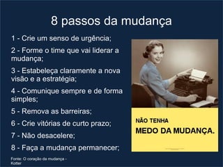 8 passos da mudança
1 - Crie um senso de urgência;
2 - Forme o time que vai liderar a
mudança;
3 - Estabeleça claramente a nova
visão e a estratégia;
4 - Comunique sempre e de forma
simples;
5 - Remova as barreiras;
6 - Crie vitórias de curto prazo;
7 - Não desacelere;
8 - Faça a mudança permanecer;
Fonte: O coração da mudança -
Kotter
 