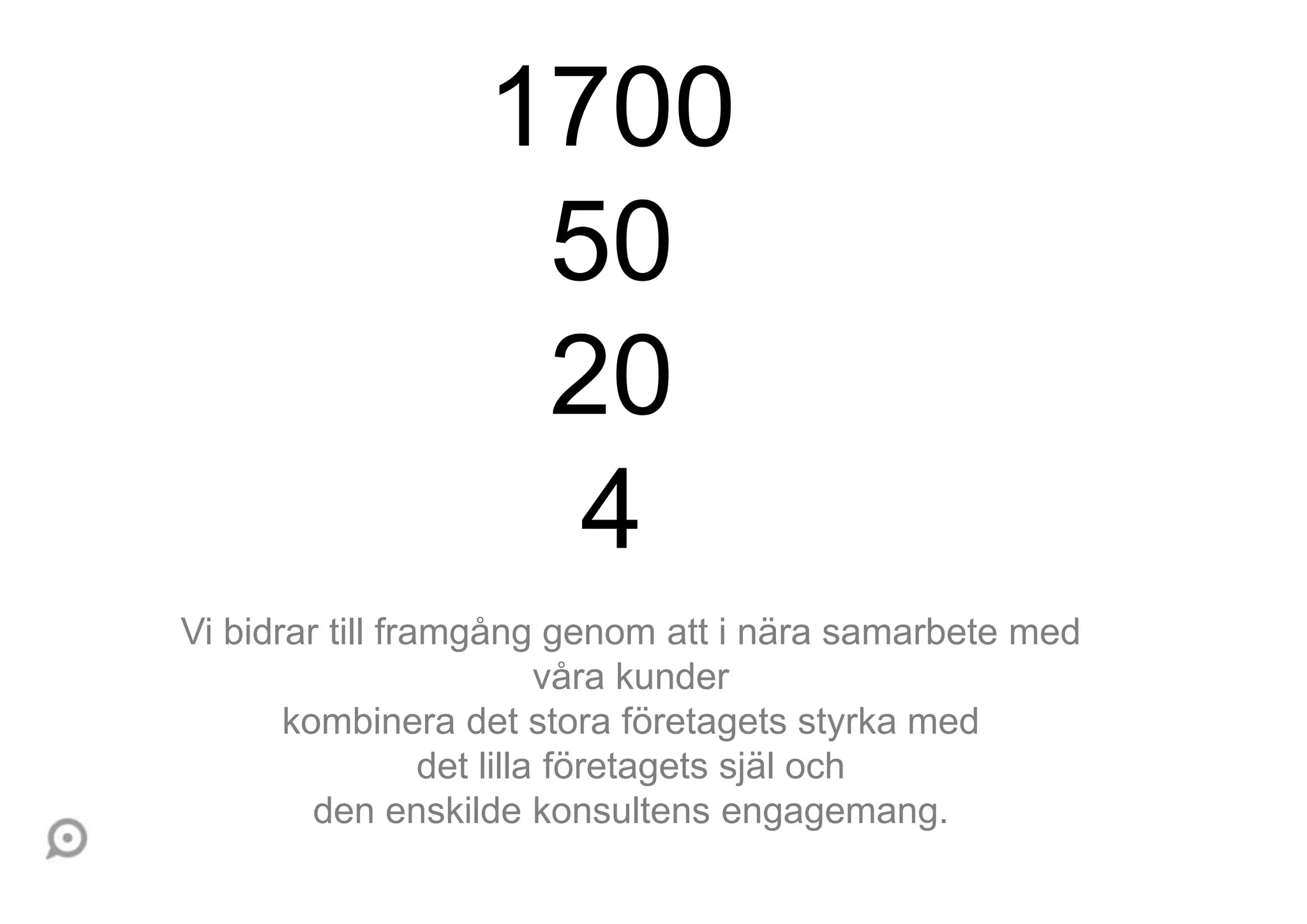 Vi bidrar till framgång genom att i nära samarbete med
våra kunder
kombinera det stora företagets styrka med
det lilla företagets själ och
den enskilde konsultens engagemang.
1700
50
20
4
 