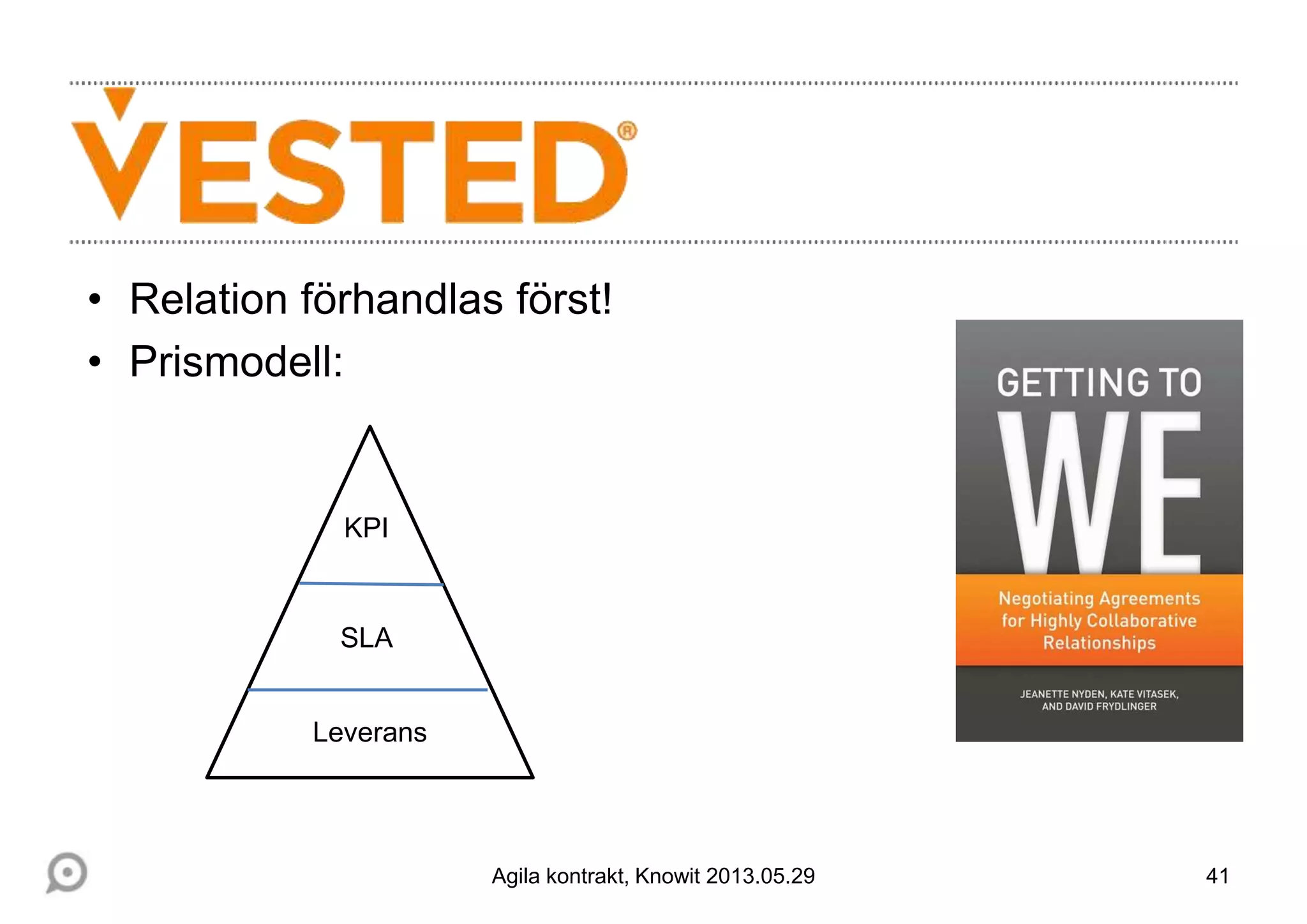 • Relation förhandlas först!
• Prismodell:
41
Leverans
SLA
KPI
Agila kontrakt, Knowit 2013.05.29
 