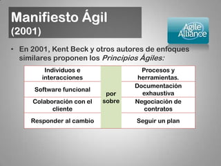 Manifiesto Ágil
(2001)
• En 2001, Kent Beck y otros autores de enfoques
  similares proponen los Principios Ágiles:
          Individuos e               Procesos y
         interacciones              herramientas.
                                   Documentación
      Software funcional
                            por      exhaustiva
     Colaboración con el   sobre   Negociación de
           cliente                    contratos
     Responder al cambio           Seguir un plan
 