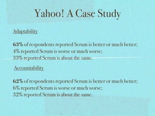 Yahoo! A Case Study
Adaptability

63% of respondents reported Scrum is better or much better;
4% reported Scrum is worse or much worse;
33% reported Scrum is about the same.
Accountability

62% of respondents reported Scrum is better or much better;
6% reported Scrum is worse or much worse;
32% reported Scrum is about the same.
 