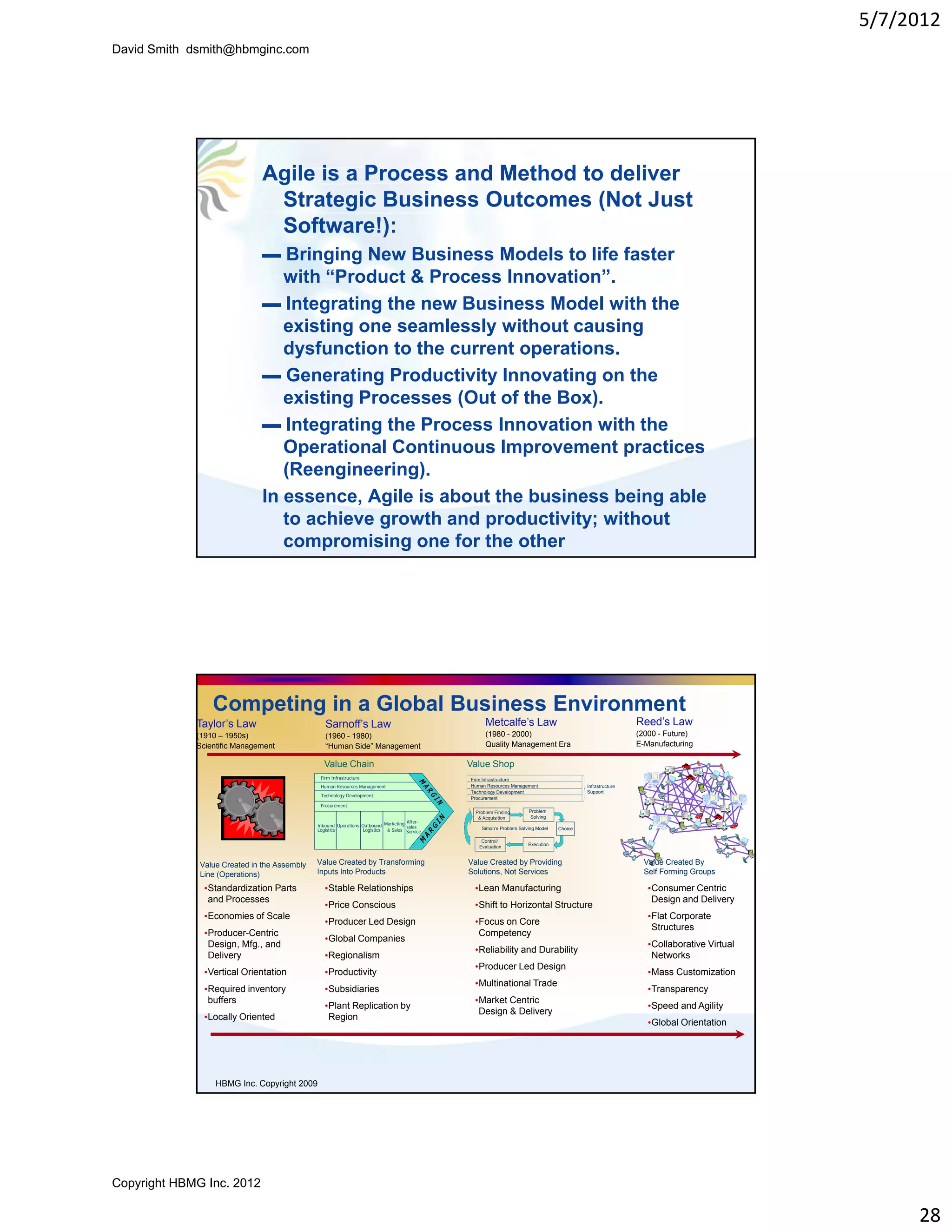 5/7/2012
David Smith dsmith@hbmginc.com




                               Agile is a Process and Method to deliver
                                Strategic Business Outcomes (Not Just
                                Software!):
                               ▬ Bringing New Business Models to life faster
                                  with “Product & Process Innovation .
                                        Product              Innovation”
                               ▬ Integrating the new Business Model with the
                                  existing one seamlessly without causing
                                  dysfunction to the current operations.
                               ▬ Generating Productivity Innovating on the
                                  existing Processes (Out of the Box).
                               ▬I t
                                  Integrating the Process Innovation with th
                                          ti th P          I      ti     ith the
                                  Operational Continuous Improvement practices
                                  (Reengineering).
                               In essence, Agile is about the business being able
                                  to achieve growth and productivity; without
                                  compromising one for the other




                 Competing in a Global Business Environment
             Taylor’s Law                        Sarnoff’s Law                                     Metcalfe’s Law                                          Reed’s Law
             (1910 – 1950s)                      (1960 - 1980)                                     (1980 - 2000)                                           (2000 - Future)
             Scientific Management               “Human Side” Management                           Quality Management Era                                  E-Manufacturing

                                                Value Chain                                  Value Shop
                                               Firm Infrastructure                           Firm Infrastructure
                                               Human Resources Management                    Human Resources Management                   Infrastructure
                                                                                             Technology Development                       Support
                                               Technology Development
                                                                                             Procurement
                                               Procurement
                                                                                               Problem Finding       Problem
                                                                                                & Acquisition        Solving
                                                                                    After-
                                              Inbound Operations Outbound Marketing sales
                                              Logistics          Logistics & Sales Service       Simon’s Problem Solving Model   Choice

                                                                                                 Control/
                                                                                                                     Execution
                                                                                                Evaluation



              Value Created in the Assembly   Value Created by Transforming                  Value Created by Providing                                      Value Created By
              Line (Operations)               Inputs Into Products                           Solutions, Not Services                                         Self Forming Groups

               •Standardization Parts            •Stable Relationships                        •Lean Manufacturing                                             •Consumer Centric
                and Processes                                                                                                                                  Design and Delivery
                                                 •Price Conscious                             •Shift to Horizontal Structure
               •Economies of Scale                                                                                                                            •Flat Corporate
                                                 •Producer Led Design                         •Focus on Core
                                                                                                                                                               Structures
               •Producer-Centric                                                               Competency
                                                 •Global Companies
                Design, Mfg., and                                                                                                                             •Collaborative Virtual
                                                                                              •Reliability and Durability
                                                                                                         y              y
                Delivery                          Regionalism
                                                 •Regionalism                                                                                                  Networks
                                                                                              •Producer Led Design
               •Vertical Orientation             •Productivity                                                                                                •Mass Customization
                                                                                              •Multinational Trade
               •Required inventory               •Subsidiaries                                                                                                •Transparency
                buffers                                                                       •Market Centric
                                                 •Plant Replication by                                                                                        •Speed and Agility
                                                                                               Design & Delivery
               •Locally Oriented                  Region
                                                                                                                                                              •Global Orientation




                  HBMG Inc. Copyright 2009




Copyright HBMG Inc. 2012

                                                                                                                                                                                            28
 