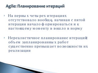 На первых четырех итерациях отсутствовало вообще, начиная с пятой итерации начало формироваться и к настоящему моменту в вошло в норму Нереалистичное планирование итераций: объем запланированных работ существенно превышает возможности их реализации 