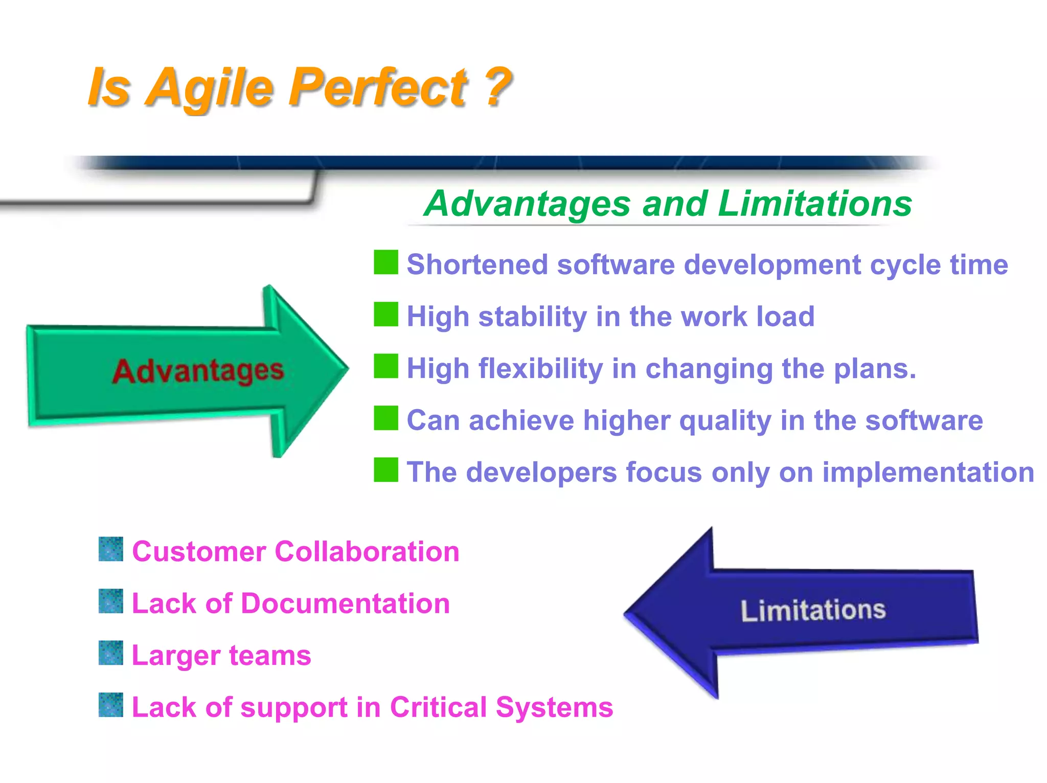 Is Agile Perfect ?

                      Advantages and Limitations
                    Shortened software development cycle time
                    High stability in the work load
                    High flexibility in changing the plans.
                    Can achieve higher quality in the software
                    The developers focus only on implementation

 Customer Collaboration
 Lack of Documentation
 Larger teams
 Lack of support in Critical Systems       Presented By
                                           Harry Mills / PRESENTATIONPRO
 