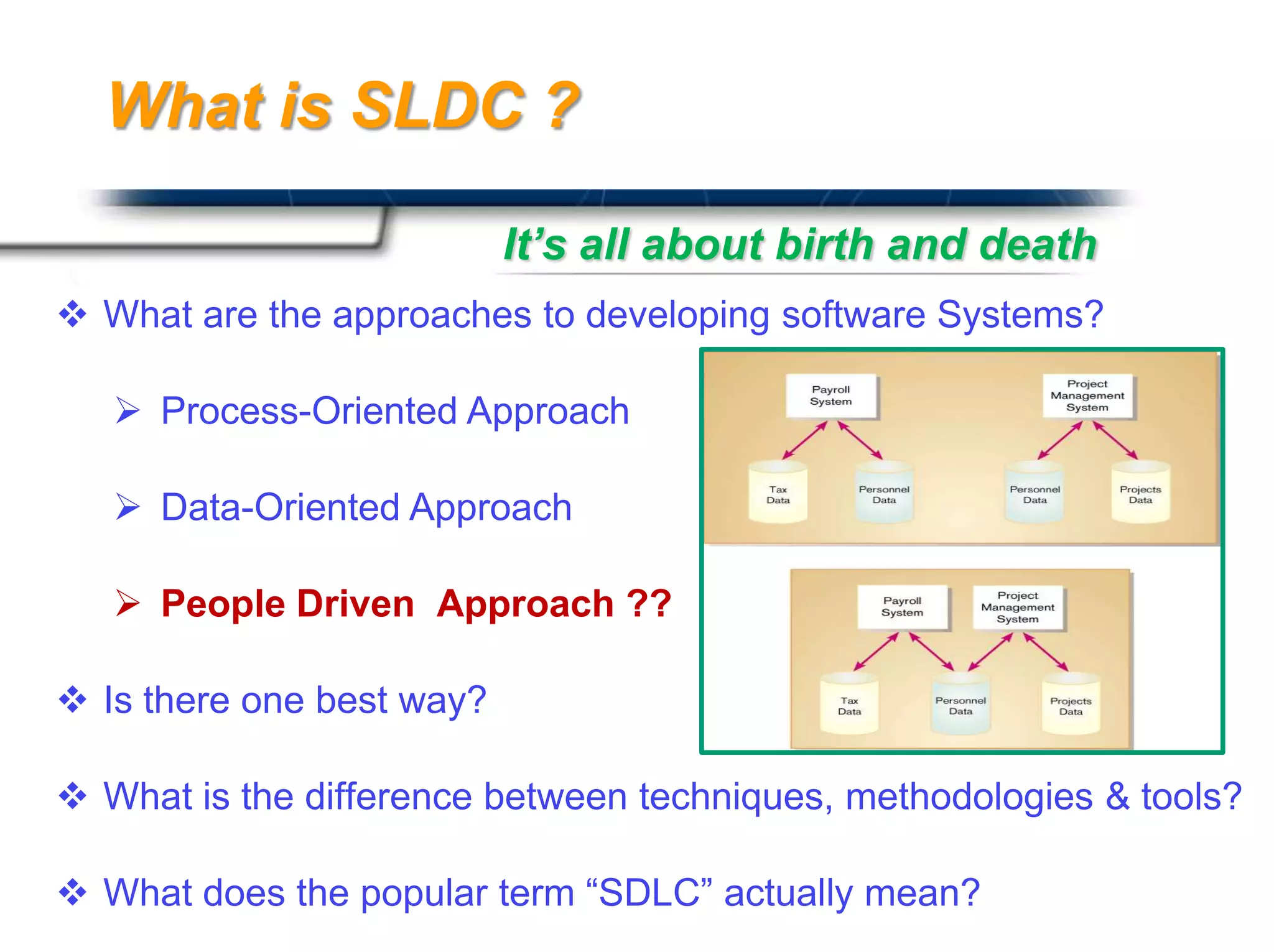 What is SLDC ?

                           It’s all about birth and death
 What are the approaches to developing software Systems?

    Process-Oriented Approach

    Data-Oriented Approach

    People Driven Approach ??

 Is there one best way?

 What is the difference between techniques, methodologies & tools?
                                             Presented By
 What does the popular term “SDLC” actually mean?
                                             Harry Mills / PRESENTATIONPRO
 