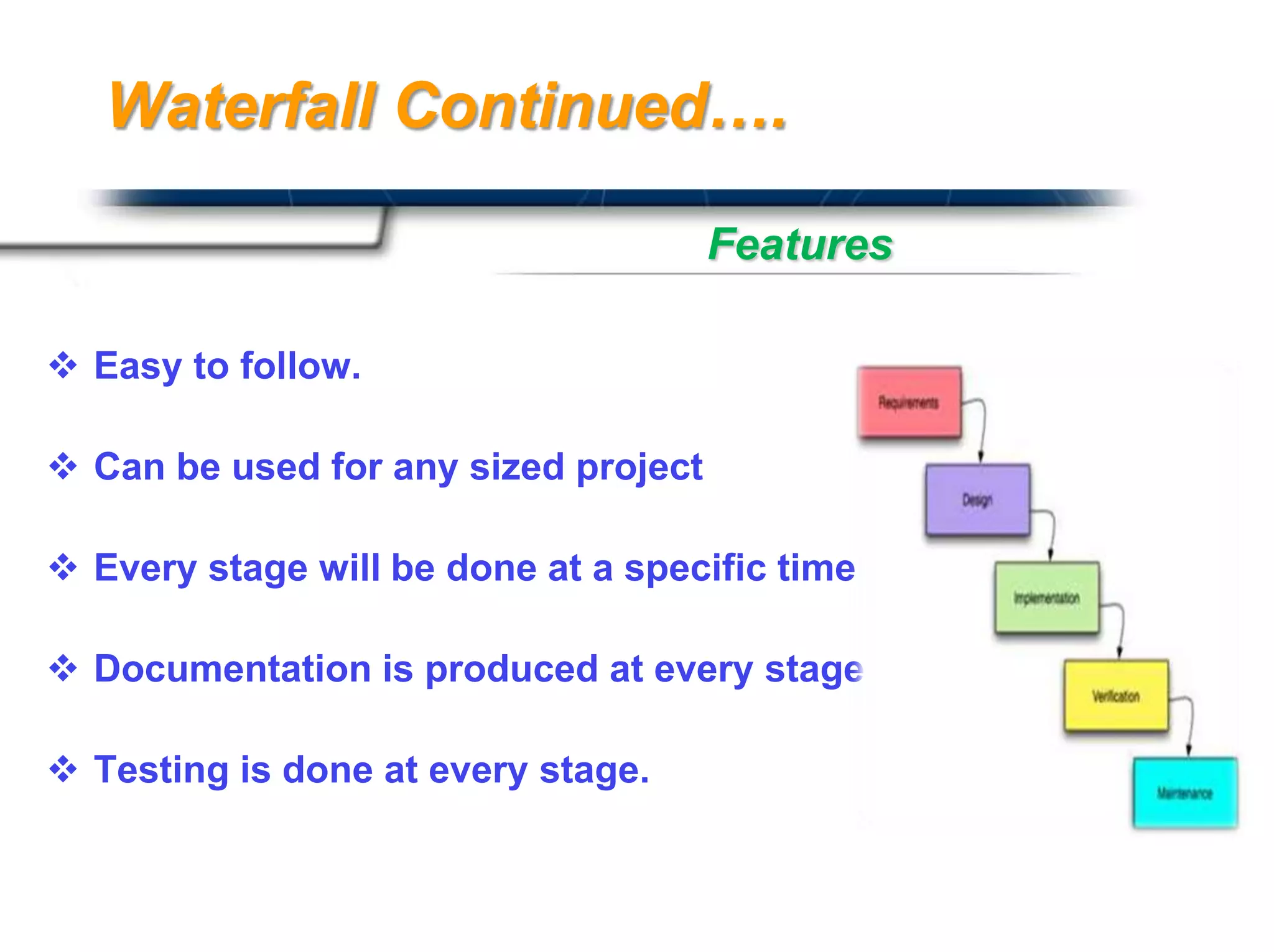 Waterfall Continued….

                                      Features

 Easy to follow.

 Can be used for any sized project

 Every stage will be done at a specific time

 Documentation is produced at every stage

 Testing is done at every stage.

                                                Presented By
                                                Harry Mills / PRESENTATIONPRO
 